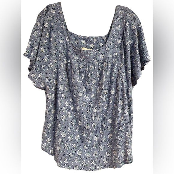 Lucky Brand Crinkle Top Spring Floral Flare Sleeve Round Scoop Waist Medium - Picture 1 of 17